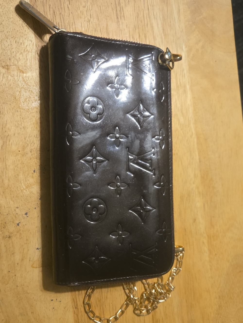 Louis Vuitton Dark Purple Monogram Vernis Zip Wallet on Gold Chain